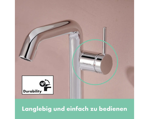 Hansgrohe Logo an einem Wasserhahn. Symbol für lange Haltbarkeit.