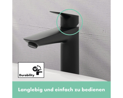 Schwarzer Waschtischmischer mit Einhebelmischfunktion und Symbol für Langlebigkeit.