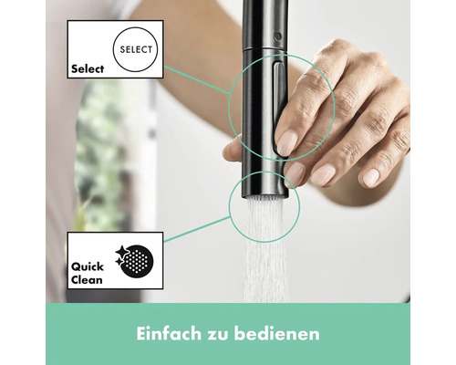 Nahaufnahme einer Küchenarmatur mit Select Funktion und Quick Clean Funktion