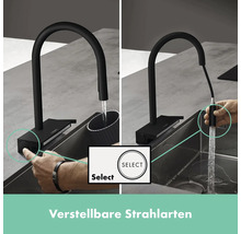 Küchenarmatur mit verstellbaren Strahlarten und Select-Taste.