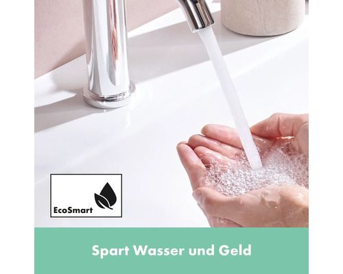 Wasserhahn mit fließendem Wasser in Händen und EcoSmart Symbol