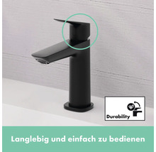 Schwarzer Waschtischmischer mit Durability Symbol