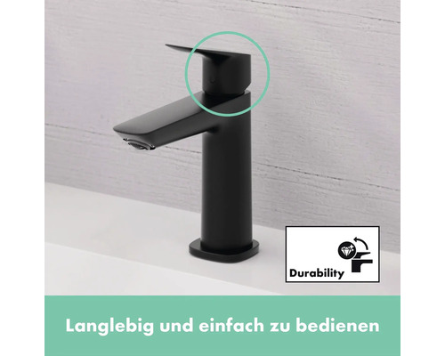 Schwarzer Wasserhahn auf einem Waschbecken mit dem Symbol für Langlebigkeit