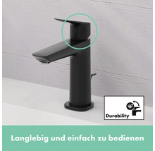 Schwarzer Waschtischmischer auf einem Waschbecken mit dem Symbol für Langlebigkeit