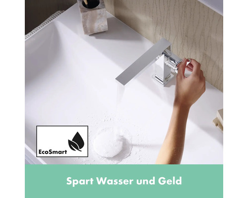 Waschbecken mit Armatur und EcoSmart Symbol für Wassereinsparung