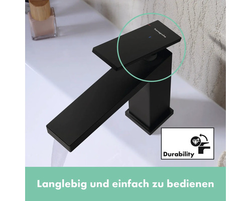 Schwarzer Waschtischmischer von Hansgrohe auf einem Waschbecken mit dem Symbol Dauerhaftigkeit.
