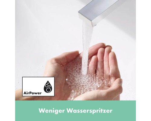Wasserhahn mit Wasserstrahl in Händen, AirPower Logo
