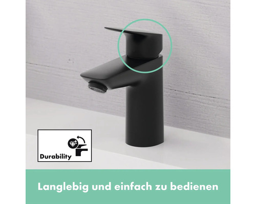 Schwarzer Waschtischmischer mit Symbol für Langlebigkeit