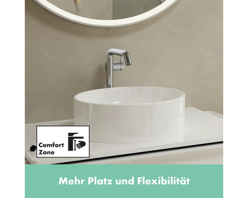 Aufsatzwaschbecken aus Keramik mit Armatur und Comfort Zone Symbol