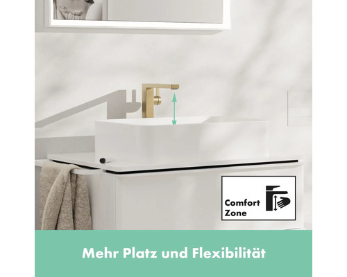 Waschbecken mit Armatur und Comfort Zone Symbol für mehr Platz und Flexibilität