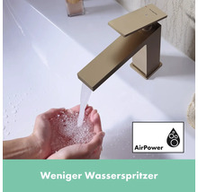 Wasserhahn mit Wasserstrahl in Händen und AirPower Symbol