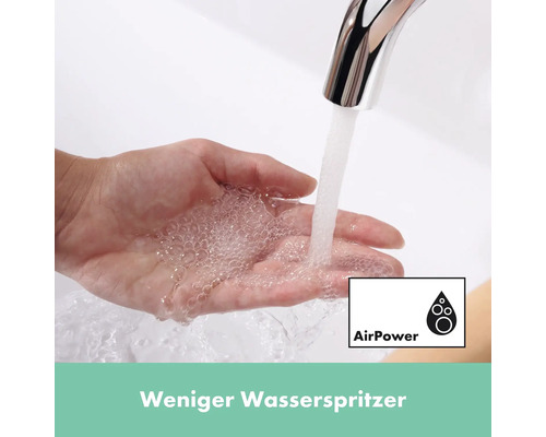 Wasserhahn mit Wasserstrahl und AirPower-Symbol für weniger Wasserspritzer