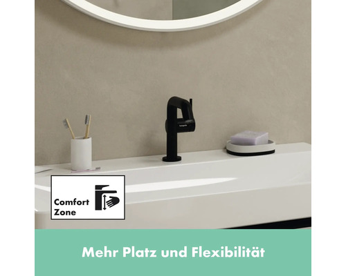 Waschtisch mit schwarzer Armatur und ComfortZone Funktion für mehr Flexibilität