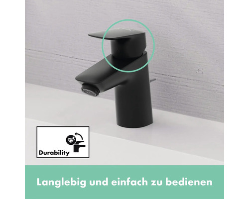 Schwarzer Wasserhahn auf einem Waschbecken mit dem Symbol für Langlebigkeit
