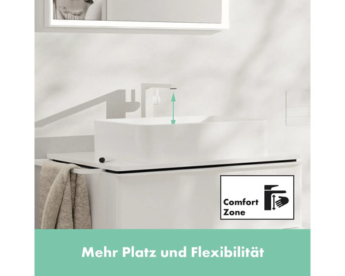 Waschtisch mit Armatur und Comfort Zone Symbol für mehr Platz und Flexibilität am Waschbecken
