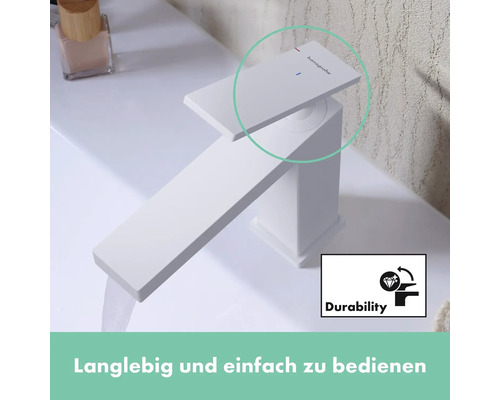 Hansgrohe Logo. Waschbeckenarmatur mit Wasserfluss und Symbol für Langlebigkeit.