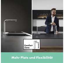 Küchenszene mit einer Spültischarmatur und dem Hinweis Comfort Zone für mehr Bewegungsfreiheit