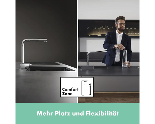 Küchenszene mit einer Spültischarmatur und dem Hinweis Comfort Zone für mehr Bewegungsfreiheit