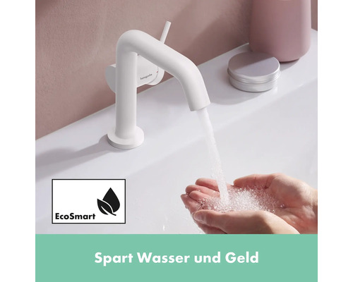 Waschbeckenarmatur aus Metall mit fließendem Wasser und EcoSmart Symbol