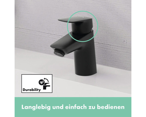 Schwarze Waschtischarmatur mit Einhebelmischer und Symbol für Langlebigkeit