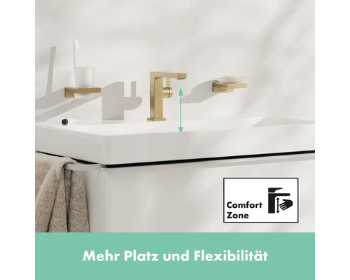 Waschtischarmatur in Gold mit ComfortZone Symbol und mehr Platz und Flexibilität Text