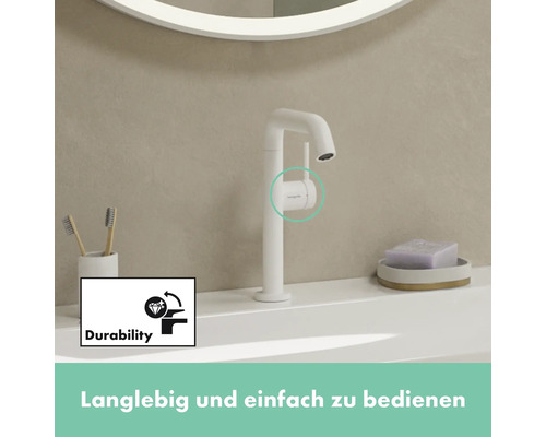 Waschtischarmatur mit Durability Symbol für lange Lebensdauer und einfache Bedienung