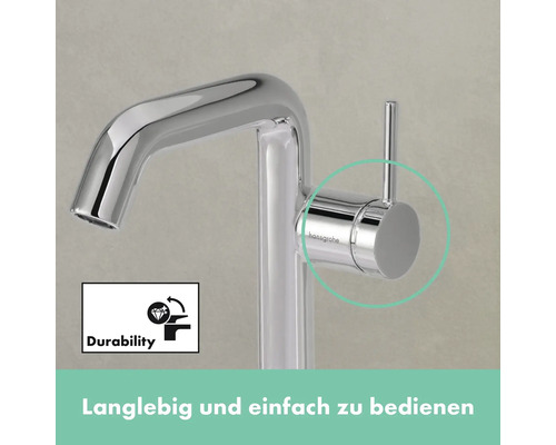 Hansgrohe Waschtischarmatur mit Bedienhebel und Durability Symbol
