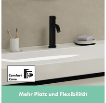 Waschtisch mit Armatur und dem Symbol Komfortzone für mehr Platz und Flexibilität
