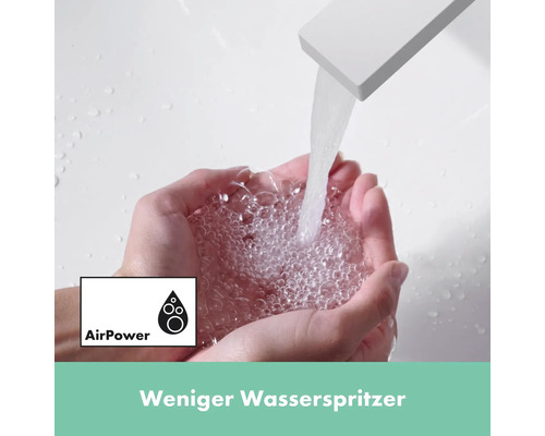Wasserhahn mit Wasser in Händen, AirPower Logo