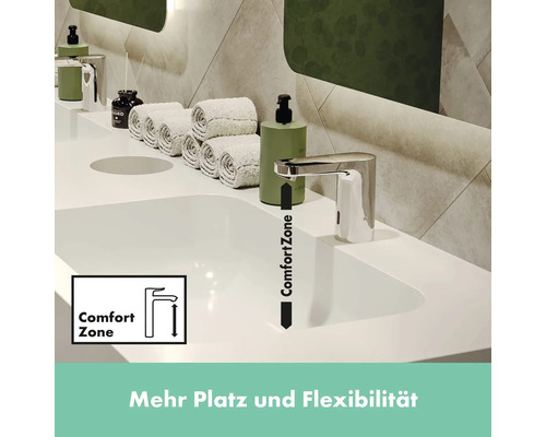 Badezimmerwaschtisch mit Armatur und ComfortZone für mehr Platz und Flexibilität