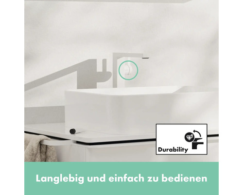 Waschbecken mit Armatur und Symbol für lange Lebensdauer