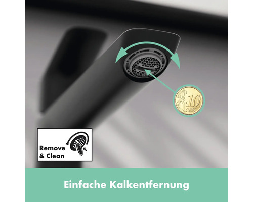Nahaufnahme eines Wasserhahns mit Darstellung der einfachen Kalkentfernung