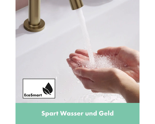 Wasserhahn mit fließendem Wasser in Händen und EcoSmart Symbol für Wassersparen