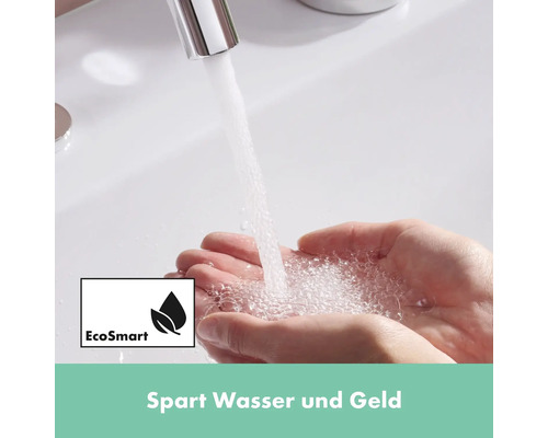 Wasserhahn mit Wasser in Händen und EcoSmart Symbol