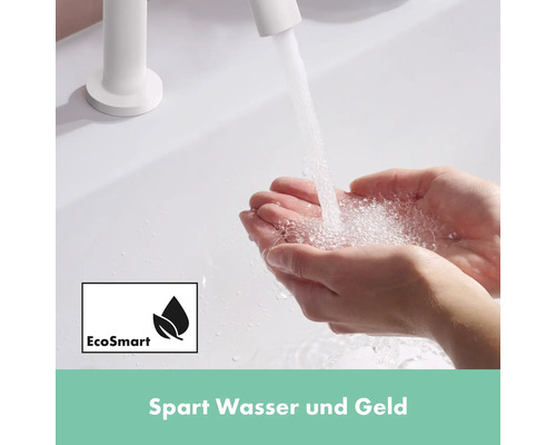 Wassersparender Wasserhahn mit EcoSmart Technologie und Händen unter laufendem Wasser