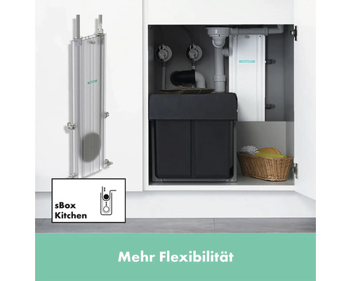 Hansgrohe sBox Küchenbrause-Schlauchbox mit Spültischunterschrank und Symbol für mehr Flexibilität