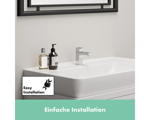 Waschbecken mit Armatur und Pflegeprodukten, Symbol einfache Installation