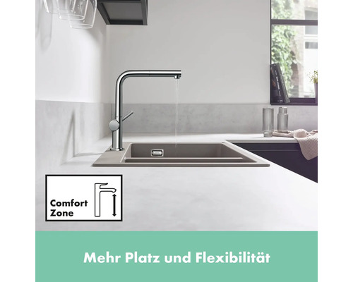 Küchenspüle mit Wasserhahn und Comfort Zone Symbol für mehr Platz und Flexibilität.
