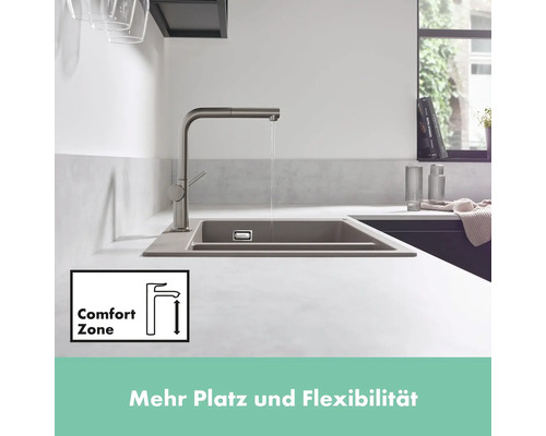 Küchenspüle mit Wasserhahn und Comfort Zone Symbol für mehr Platz und Flexibilität