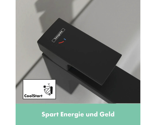 Schwarzer Wasserhahn mit Hansgrohe Logo und CoolStart Symbol