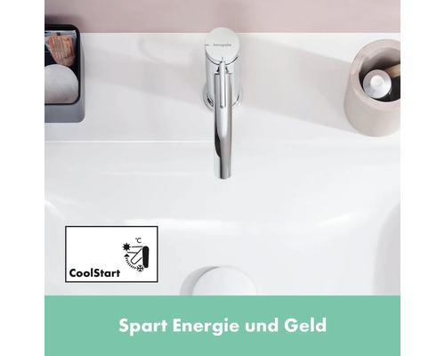 Hansgrohe Logo. CoolStart Symbol: Spart Energie und Geld.