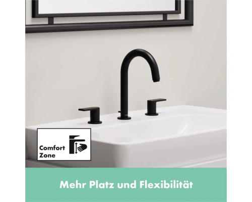 Waschtischarmatur in Schwarz auf einem weißen Waschbecken