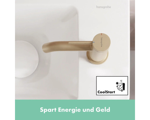 Hansgrohe Logo. Aufsatzwaschtischarmatur auf Waschbecken mit CoolStart Funktion.