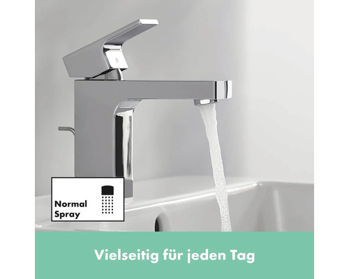 Glänzende Armatur mit Wasserstrahl im Waschbecken und Symbol für Normalstrahl