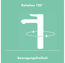 Symbol für einen Wasserhahn mit 120 Grad Drehung für Bewegungsfreiheit