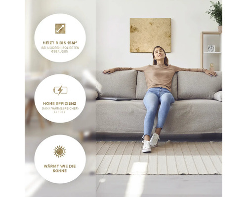 Frau entspannt auf Sofa vor Heizpaneel mit Symbolen für Raumheizung, hohe Effizienz und Wärme wie die Sonne