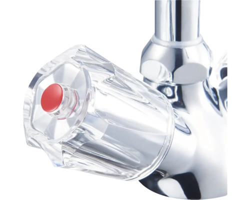 Robinet avec poignée transparente et bouton rouge