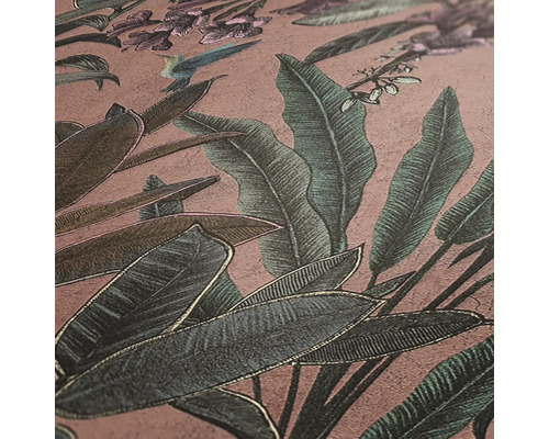 Nahaufnahme einer Tapete mit Blatt- und Vogelmuster