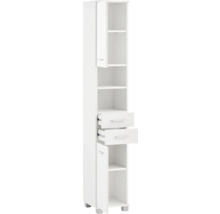 Armoire de salle de bains blanche avec étagères ouvertes et tiroirs pour ranger les articles de toilette