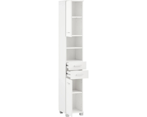 Armoire de salle de bains blanche avec étagères ouvertes et tiroirs pour ranger les articles de toilette
